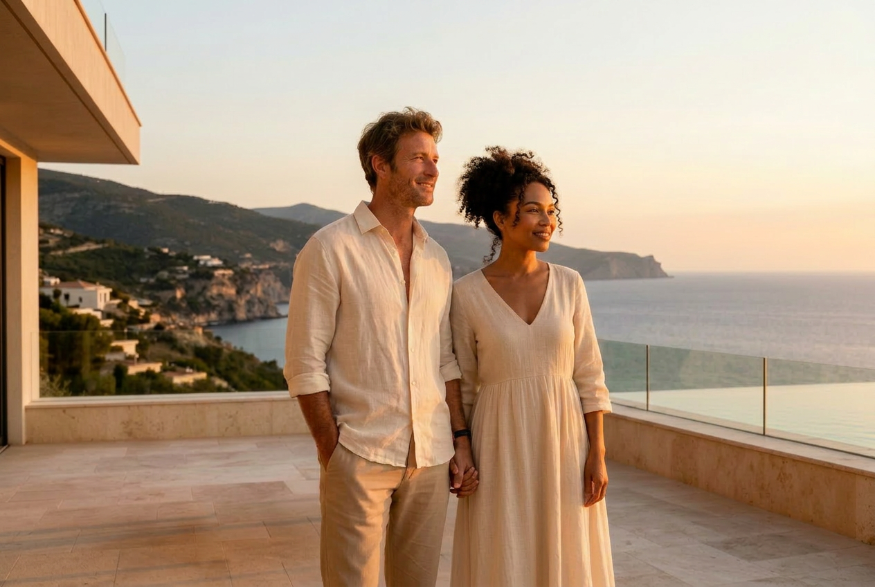 A couple at golden hour on the terrace of a Mediterranean villa, looking out over the coastline.